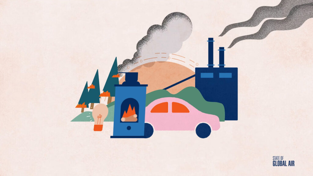 Illustration of different sources of air pollution, including a car, stove, factory and forest fire.