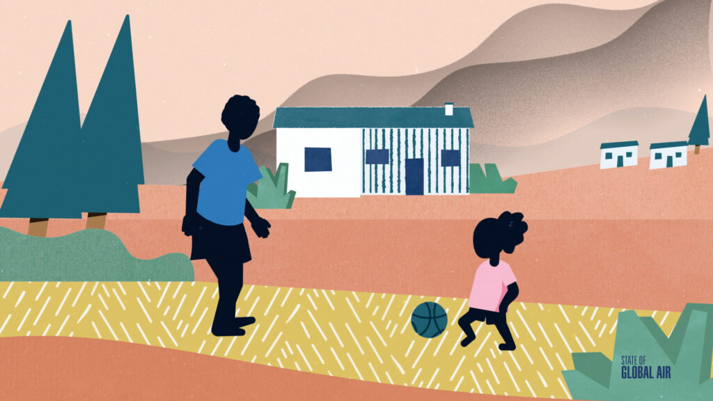 Illustration of father and child kicking soccer ball in front of home. Smoke from a forest fire is in the background.