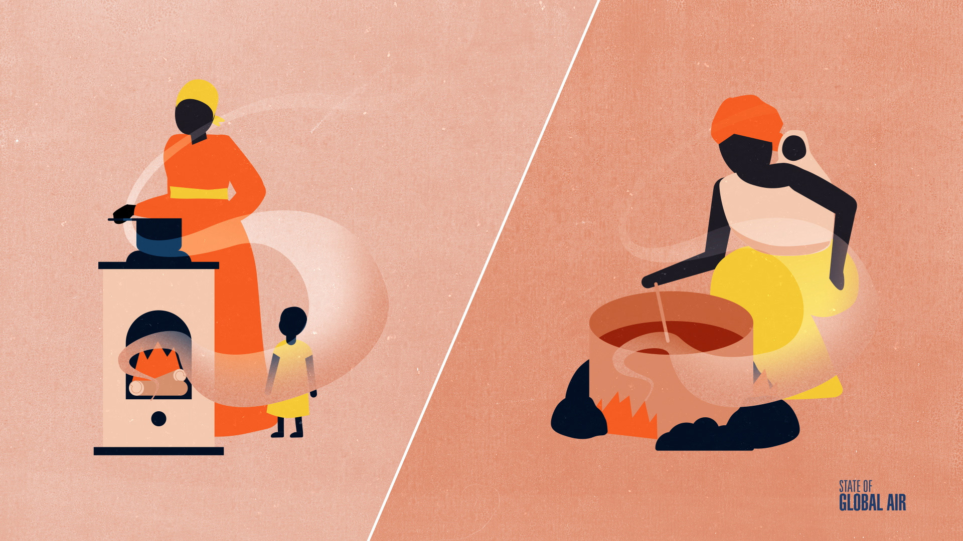 Illustration of two women with young children cooking inside a home. Burning is emitting air pollution.